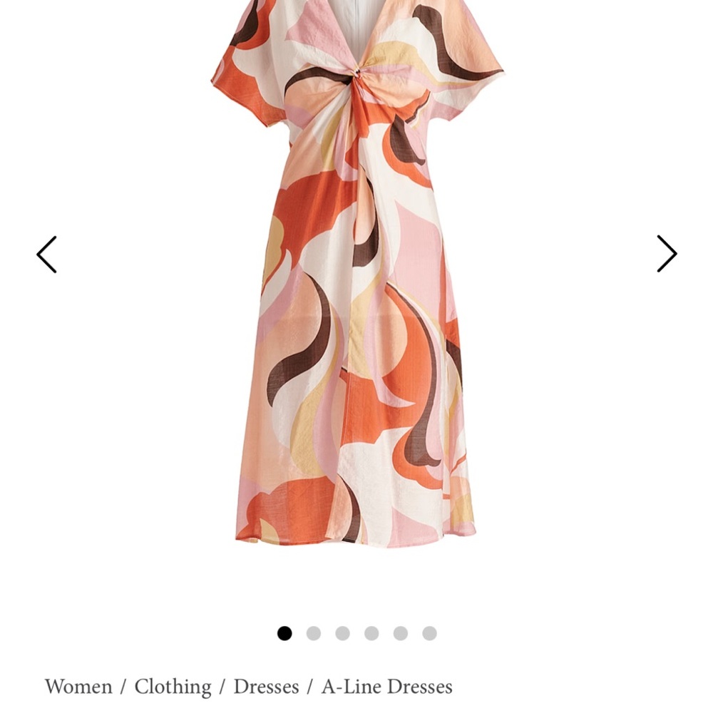 Retro Wave Midi Dress With Twist Detail In Red, Pink, Peach, Brown And White